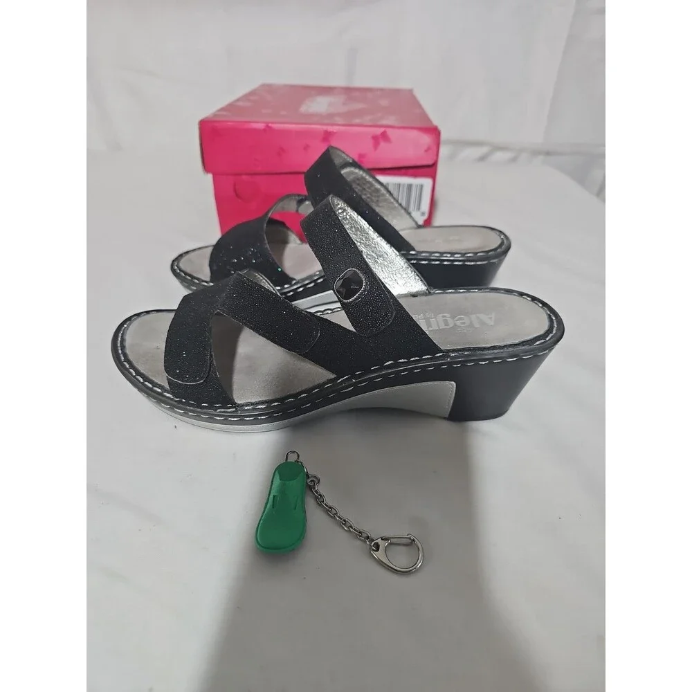 Alegria Loti Glitteroti Black Leather Triple Strap Wedge Sandals EU 38 Us 8m